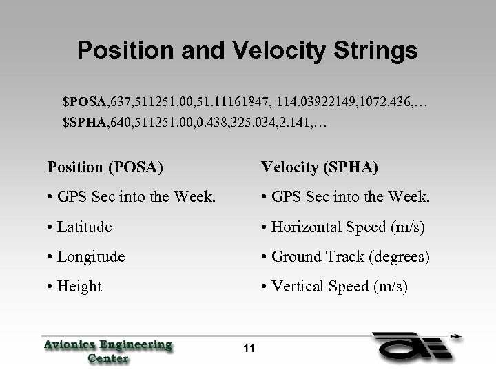 Position and Velocity Strings $POSA, 637, 511251. 00, 51. 11161847, -114. 03922149, 1072. 436,