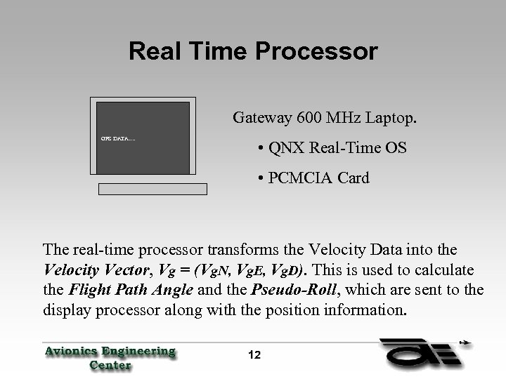 Real Time Processor Gateway 600 MHz Laptop. GPS DATA…. • QNX Real-Time OS •