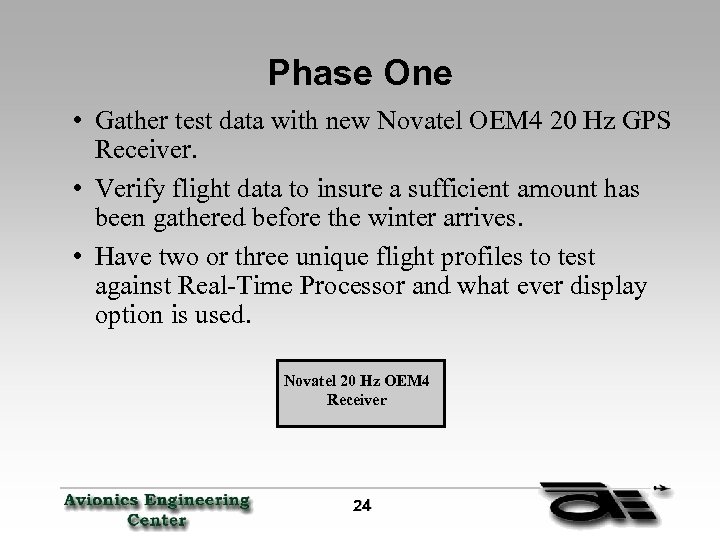 Phase One • Gather test data with new Novatel OEM 4 20 Hz GPS