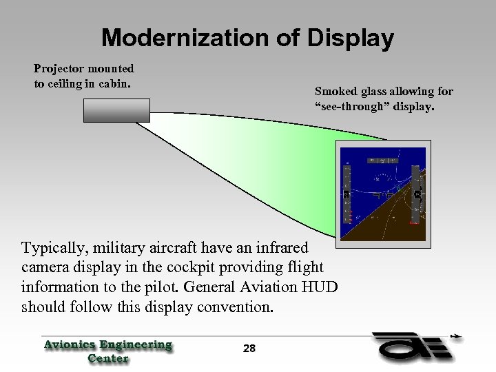 Modernization of Display Projector mounted to ceiling in cabin. Smoked glass allowing for “see-through”