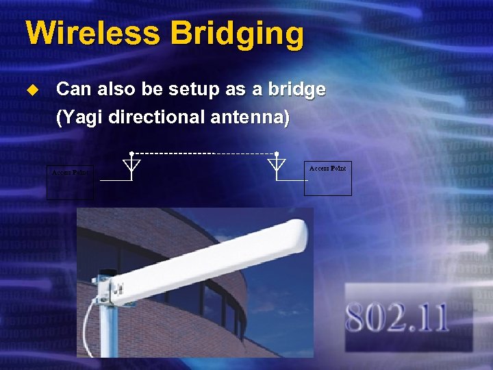 Wireless Bridging u Can also be setup as a bridge (Yagi directional antenna) Access