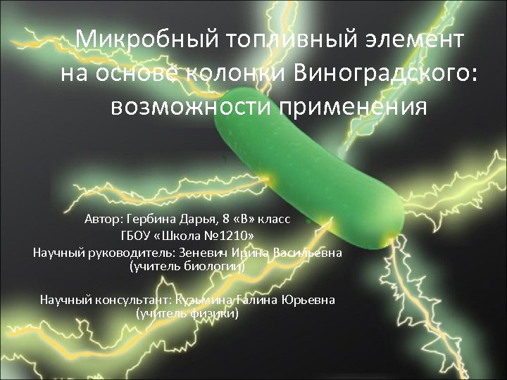 Микробный топливный элемент на основе колонки Виноградского: возможности применения Автор: Гербина Дарья, 8 «В»