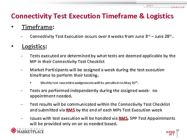 Connectivity Test Execution Timeframe & Logistics • Timeframe: – • Connectivity Test Execution occurs