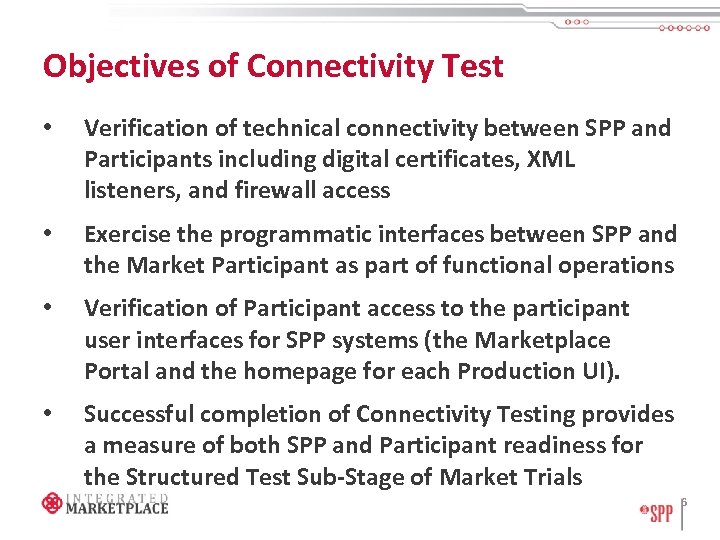 Objectives of Connectivity Test • Verification of technical connectivity between SPP and Participants including
