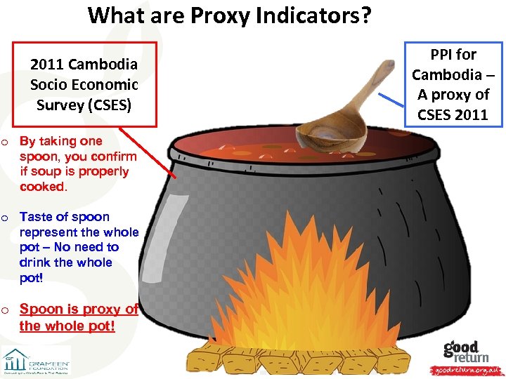 What are Proxy Indicators? 2011 Cambodia Socio Economic Survey (CSES) o By taking one