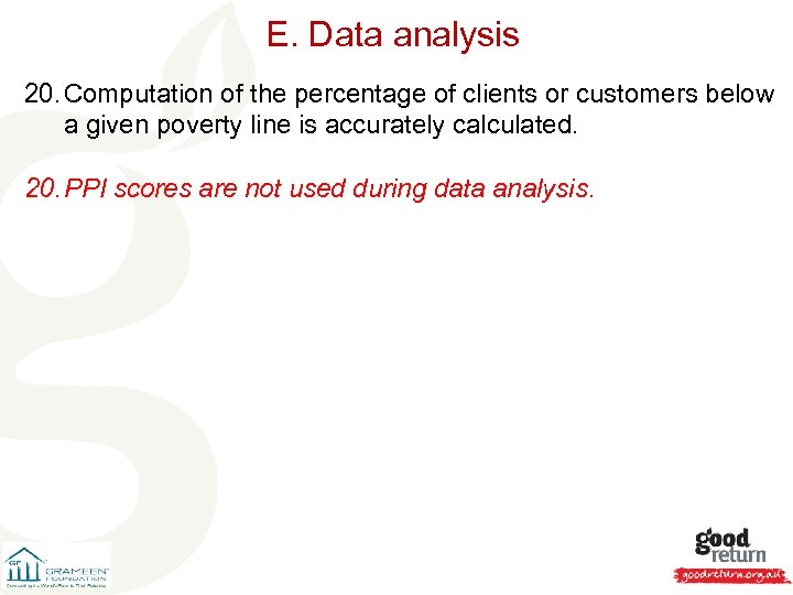 E. Data analysis 20. Computation of the percentage of clients or customers below a