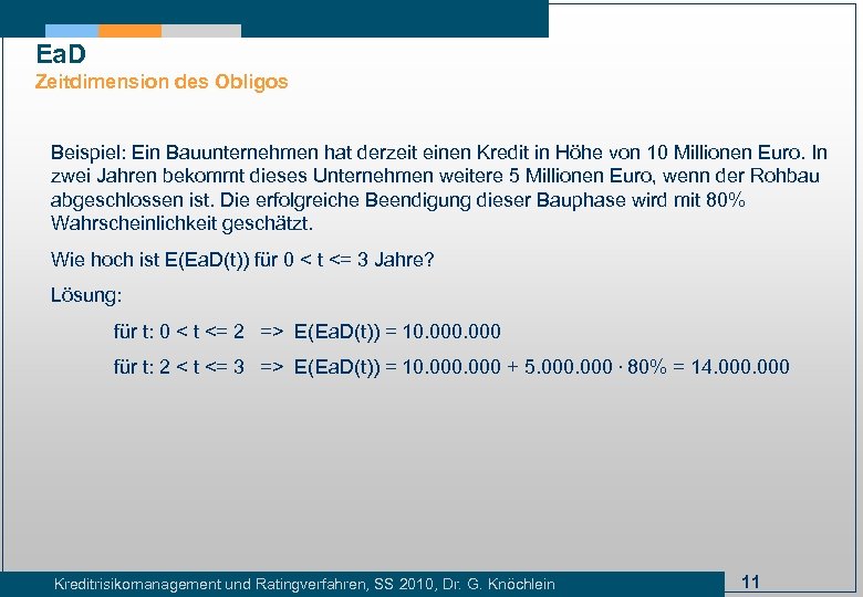 Ea. D Zeitdimension des Obligos Beispiel: Ein Bauunternehmen hat derzeit einen Kredit in Höhe