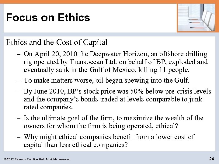 Focus on Ethics and the Cost of Capital – On April 20, 2010 the