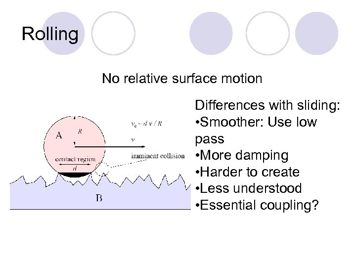 Rolling No relative surface motion Differences with sliding: • Smoother: Use low pass •