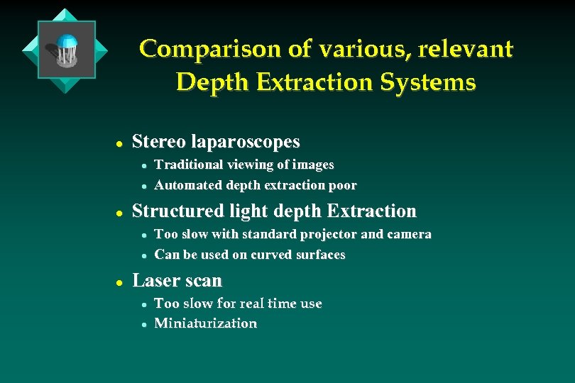 Comparison of various, relevant Depth Extraction Systems l Stereo laparoscopes l l l Structured