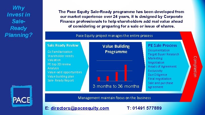 Why Invest in Sale. Ready Planning? The Pace Equity Sale-Ready programme has been developed