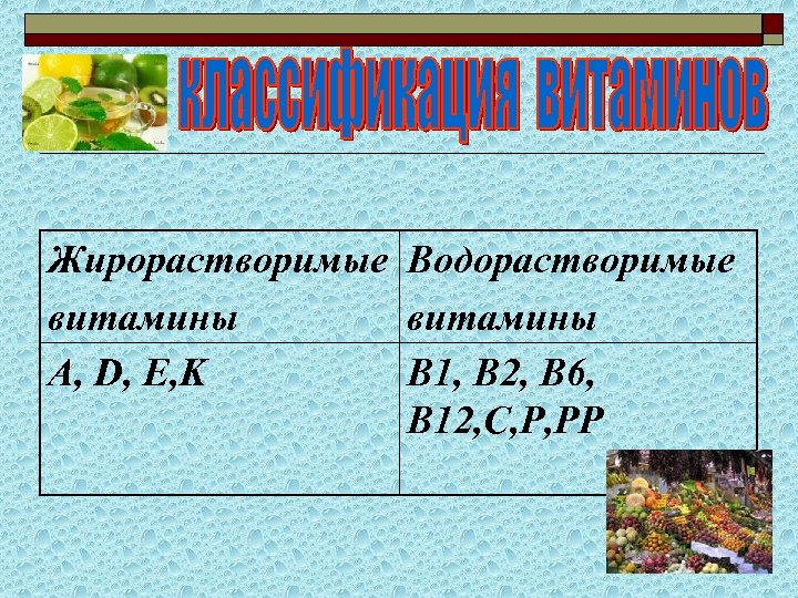 Жирорастворимые Водорастворимые витамины А, D, E, K B 1, В 2, В 6, В