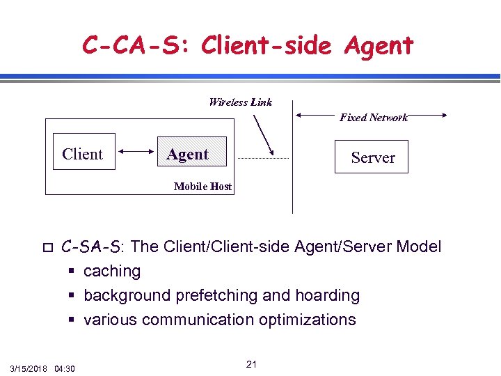 C-CA-S: Client-side Agent Wireless Link Fixed Network Client Agent Server Mobile Host o C-SA-S: