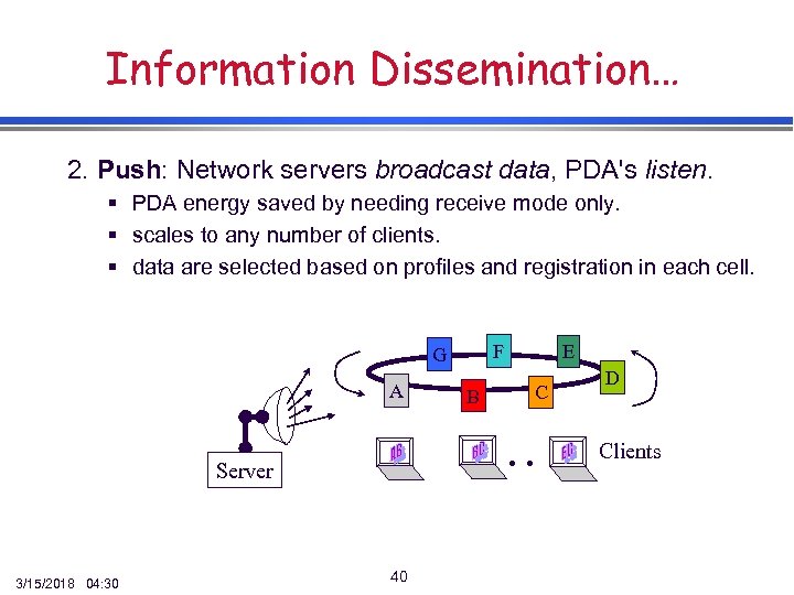 Information Dissemination… 2. Push: Network servers broadcast data, PDA's listen. § PDA energy saved