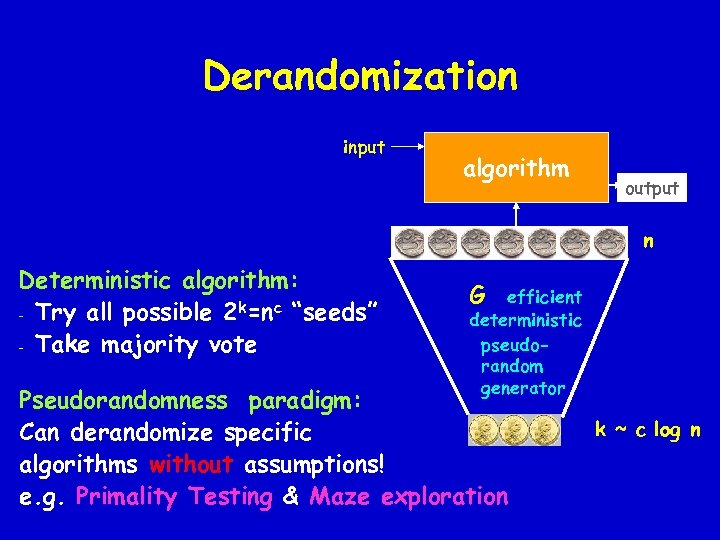 Derandomization input algorithm output n Deterministic algorithm: - Try all possible 2 k=nc “seeds”