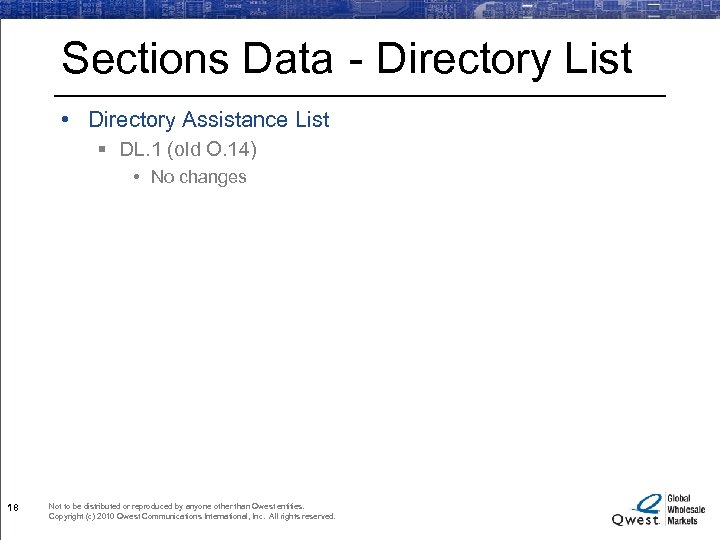 Sections Data - Directory List • Directory Assistance List § DL. 1 (old O.