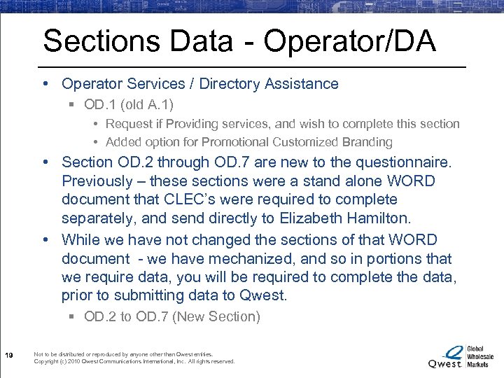 Sections Data - Operator/DA • Operator Services / Directory Assistance § OD. 1 (old