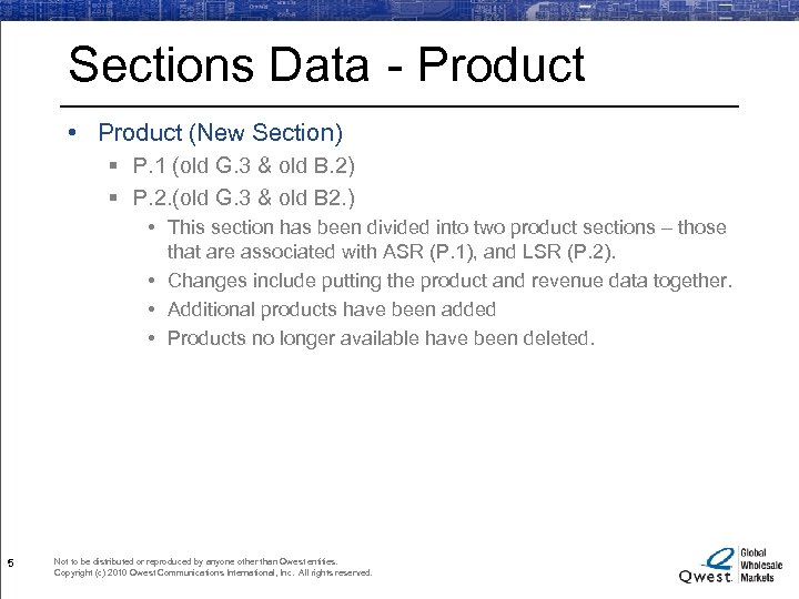 Sections Data - Product • Product (New Section) § P. 1 (old G. 3