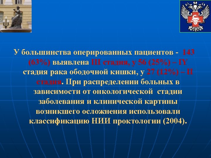 У большинства оперированных пациентов - 143 (63%) выявлена III стадия, у 56 (25%) –