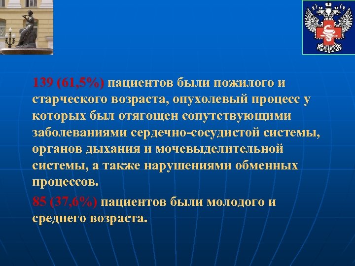 139 (61, 5%) пациентов были пожилого и старческого возраста, опухолевый процесс у которых был