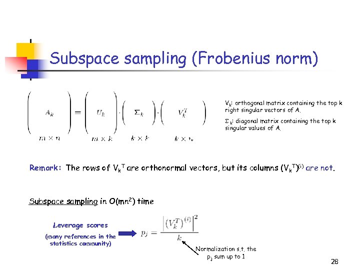 Subspace sampling (Frobenius norm) Vk: orthogonal matrix containing the top k right singular vectors