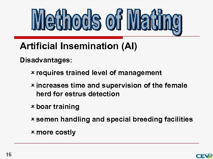 Artificial Insemination (AI) Disadvantages: û requires trained level of management û increases time and