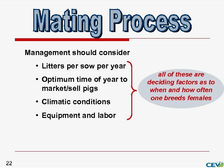 Management should consider • Litters per sow per year • Optimum time of year