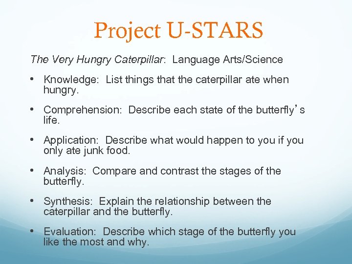 Project U-STARS The Very Hungry Caterpillar: Language Arts/Science • Knowledge: List things that the