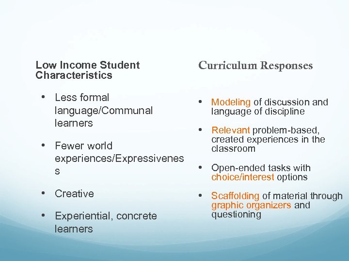 Low Income Student Characteristics • Less formal language/Communal learners • Fewer world experiences/Expressivenes s