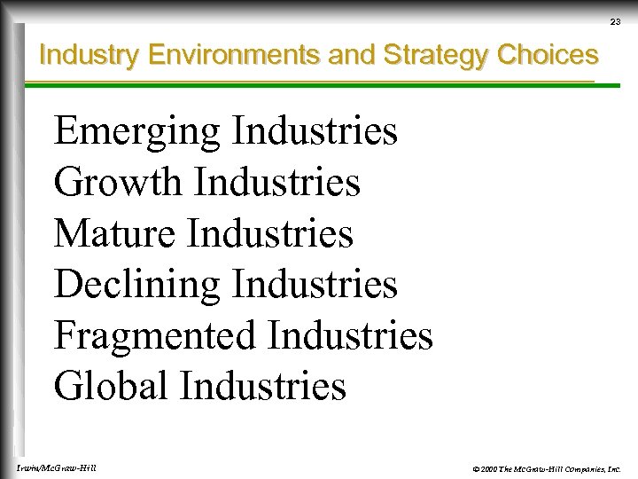 23 Industry Environments and Strategy Choices Emerging Industries Growth Industries Mature Industries Declining Industries