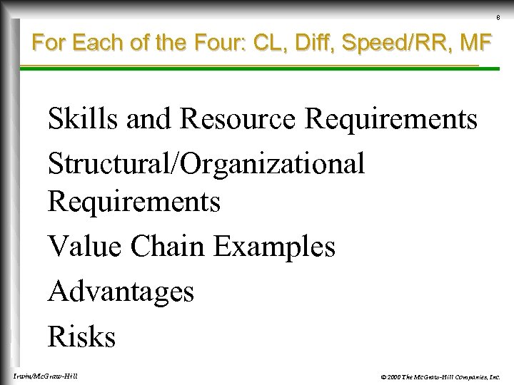 8 For Each of the Four: CL, Diff, Speed/RR, MF Skills and Resource Requirements