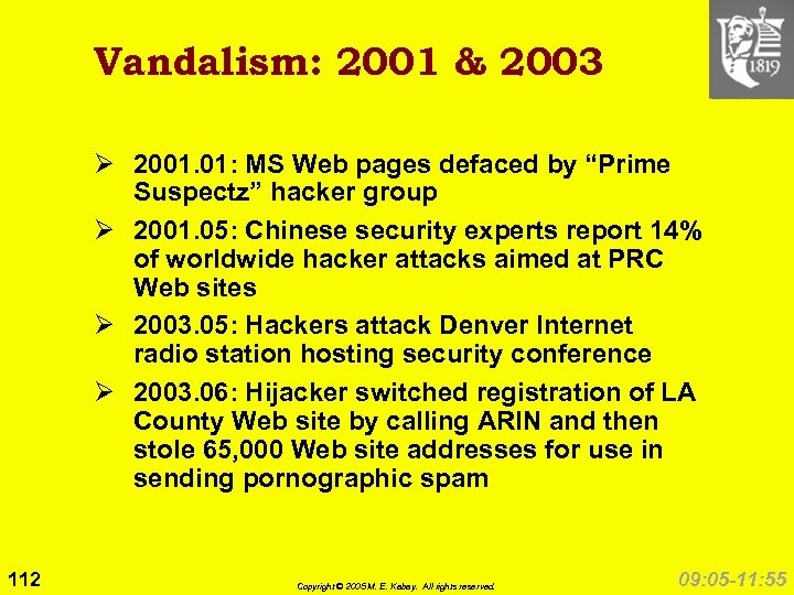 Vandalism: 2001 & 2003 Ø 2001. 01: MS Web pages defaced by “Prime Suspectz”