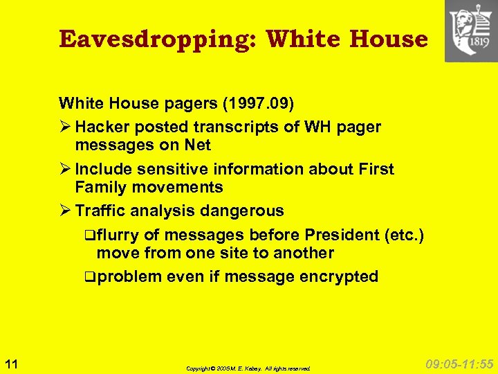 Eavesdropping: White House pagers (1997. 09) Ø Hacker posted transcripts of WH pager messages