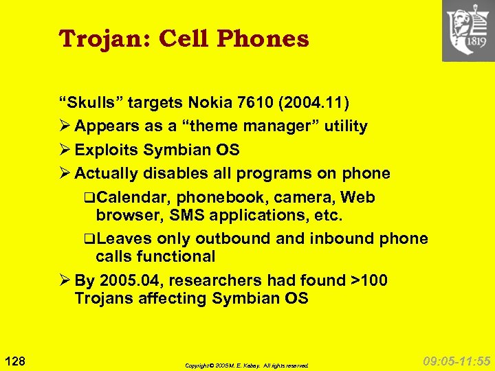Trojan: Cell Phones “Skulls” targets Nokia 7610 (2004. 11) Ø Appears as a “theme