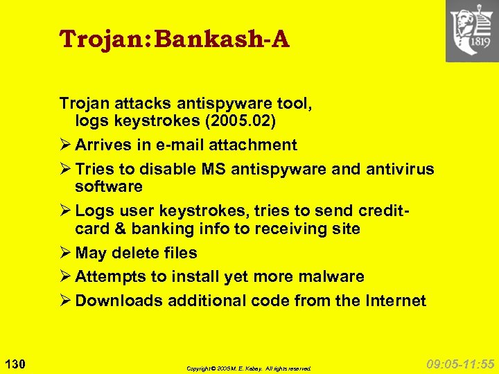 Trojan: Bankash-A Trojan attacks antispyware tool, logs keystrokes (2005. 02) Ø Arrives in e-mail