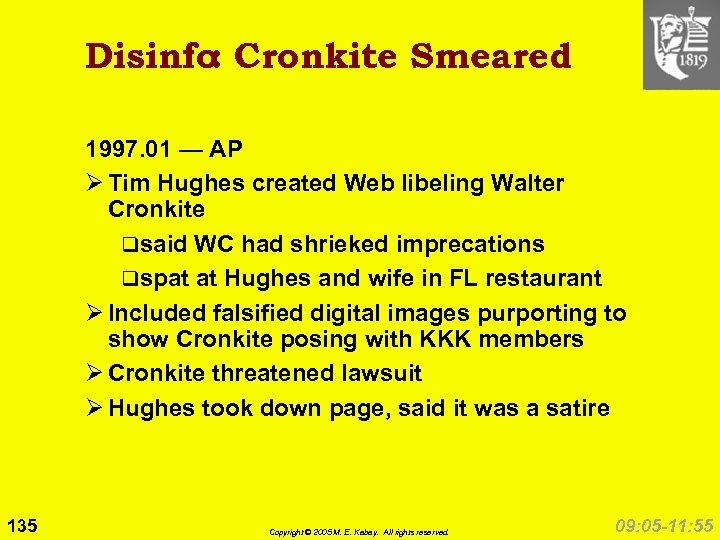 Disinfo Cronkite Smeared : 1997. 01 — AP Ø Tim Hughes created Web libeling