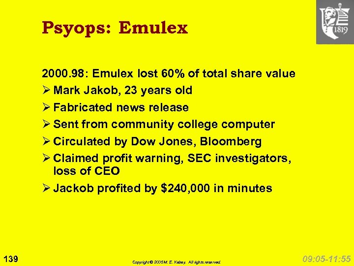 Psyops: Emulex 2000. 98: Emulex lost 60% of total share value Ø Mark Jakob,