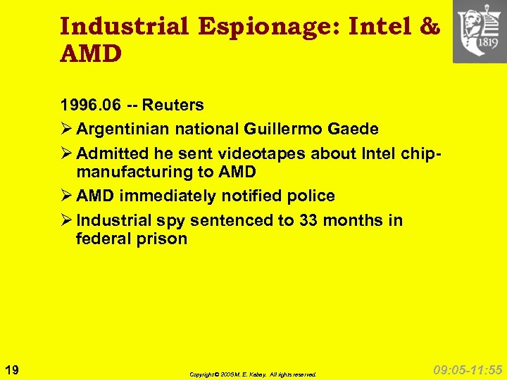 Industrial Espionage: Intel & AMD 1996. 06 -- Reuters Ø Argentinian national Guillermo Gaede