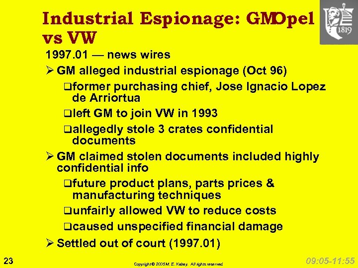 Industrial Espionage: GM Opel vs VW 1997. 01 — news wires Ø GM alleged