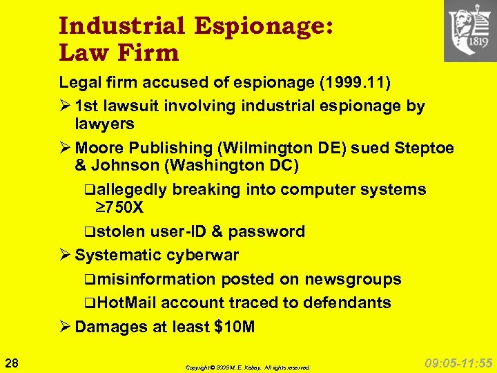 Industrial Espionage: Law Firm Legal firm accused of espionage (1999. 11) Ø 1 st