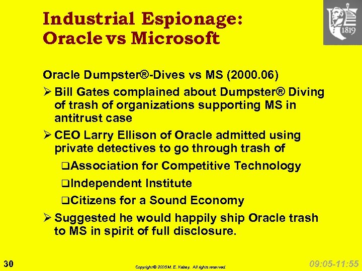 Industrial Espionage: Oracle vs Microsoft Oracle Dumpster®-Dives vs MS (2000. 06) Ø Bill Gates
