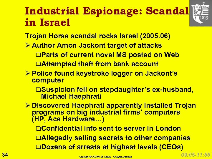 Industrial Espionage: Scandal in Israel Trojan Horse scandal rocks Israel (2005. 06) Ø Author