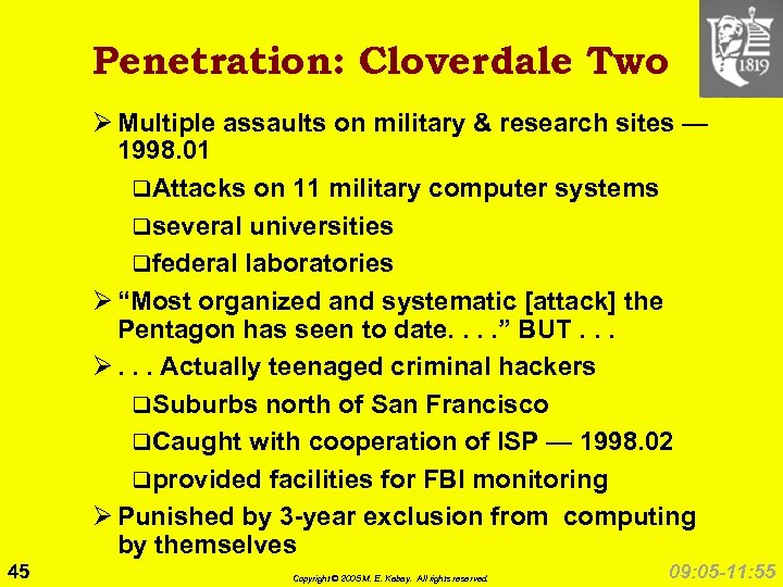 Penetration: Cloverdale Two Ø Multiple assaults on military & research sites — 1998. 01