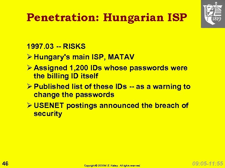 Penetration: Hungarian ISP 1997. 03 -- RISKS Ø Hungary's main ISP, MATAV Ø Assigned