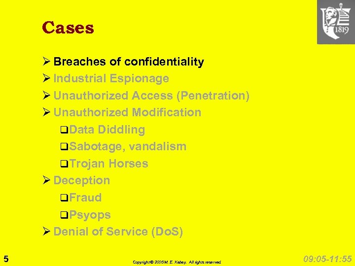 Cases Ø Breaches of confidentiality Ø Industrial Espionage Ø Unauthorized Access (Penetration) Ø Unauthorized