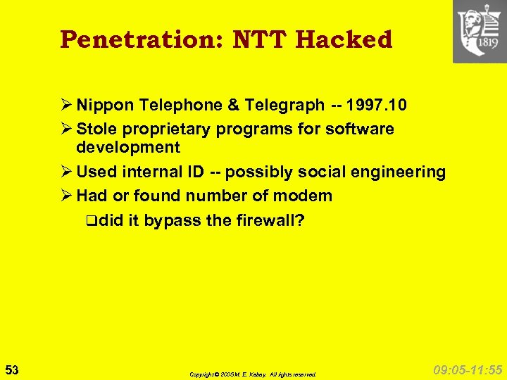 Penetration: NTT Hacked Ø Nippon Telephone & Telegraph -- 1997. 10 Ø Stole proprietary