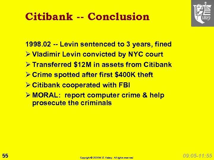 Citibank -- Conclusion 1998. 02 -- Levin sentenced to 3 years, fined Ø Vladimir