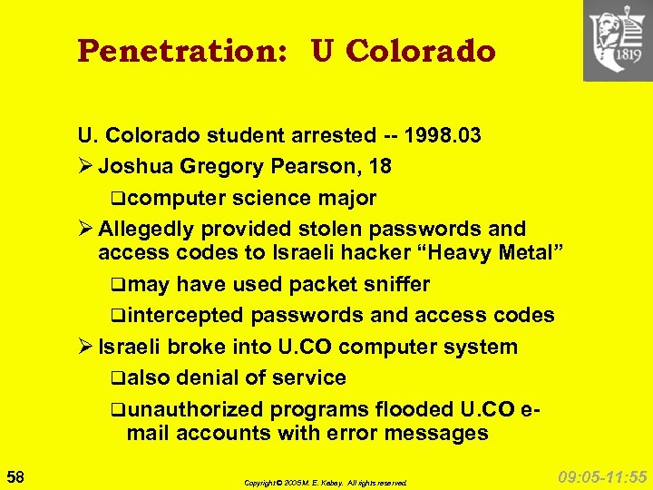 Penetration: U Colorado U. Colorado student arrested -- 1998. 03 Ø Joshua Gregory Pearson,