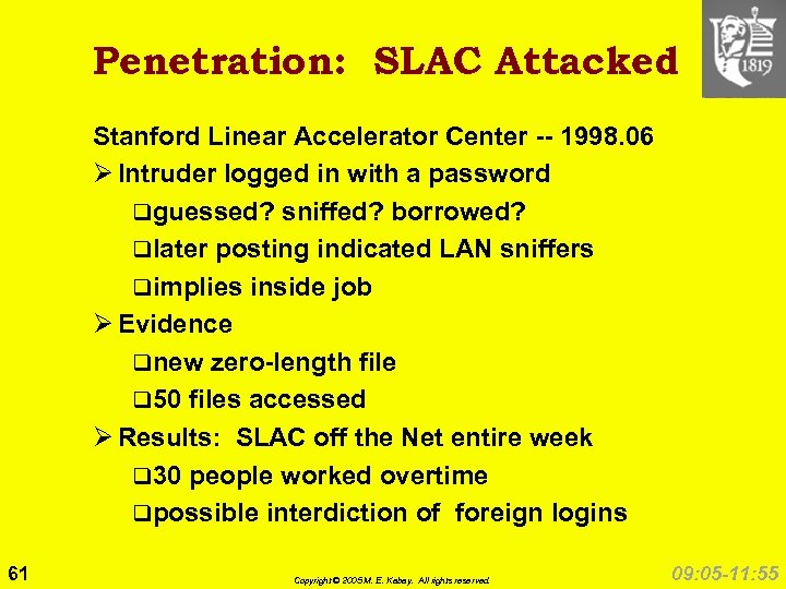 Penetration: SLAC Attacked Stanford Linear Accelerator Center -- 1998. 06 Ø Intruder logged in