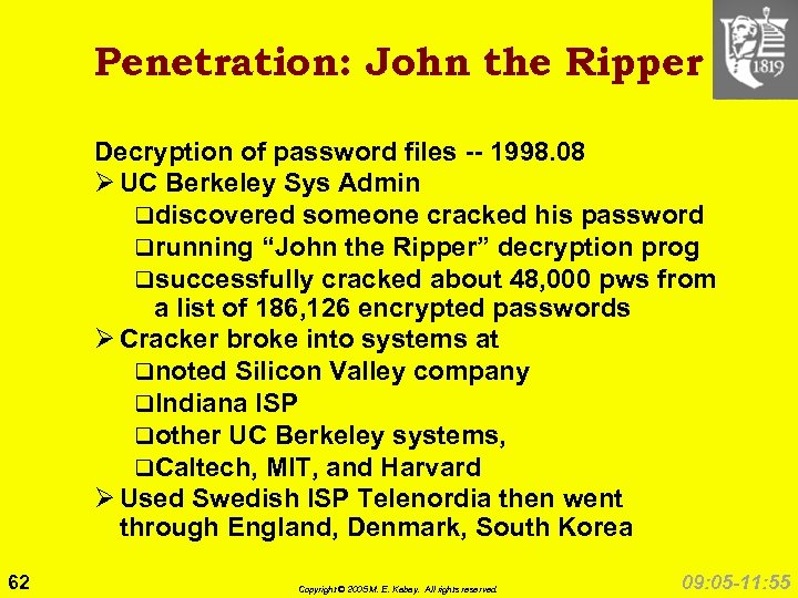 Penetration: John the Ripper Decryption of password files -- 1998. 08 Ø UC Berkeley